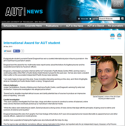 The AUT news story on the trauma journalism award.