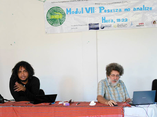 La'o Hamutuk's Juvinal Dias and Charlie Scheiner at a public economic seminar for non-government organisation workers at Hera, near the capital of Dili. Image: David Robie/PMC