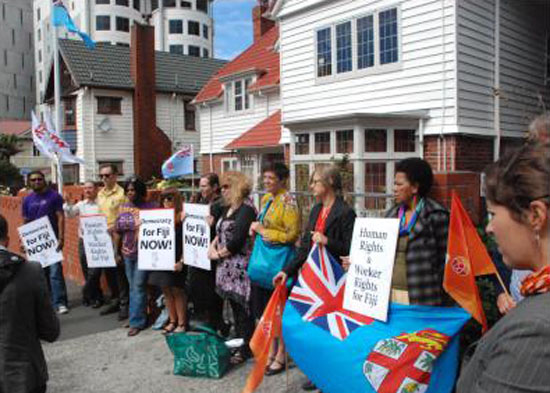 Protesters outside the Fiji High Commission in Wellington yesterday. Image: Scoop Media