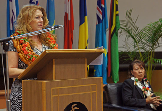 Fiji Permanent Secretary for Information Sharon Smith-Johns (speaking) and USP Deputy Vice-Chancellor Esther Williams at the Media and Democracy in the South Pacific symposium in Suva last week. Image: USP