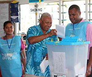 Voreqe Bainimarama voting on Election Day. Image: Mads Anneberg