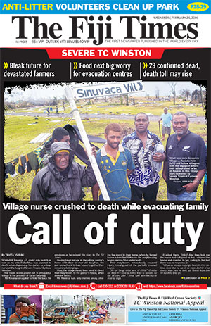 Today’s front page of The Fiji Times … the agony of Koro and the vanished village. Image: PMC