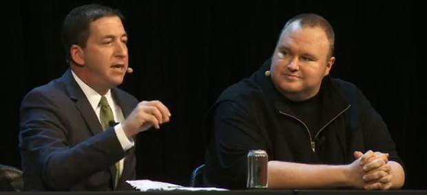 Pulitzer prize winning journalist Glenn Greenwald (left) and Kim Dotcom at the meeting in Auckland last night.