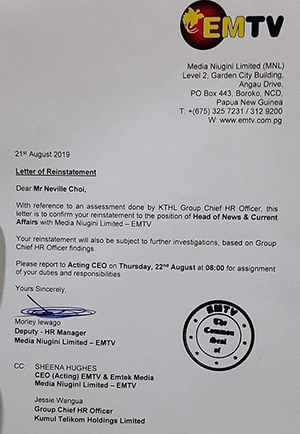 The reinstatement letter from EMTV tonight. Image: Pacific Media Watch