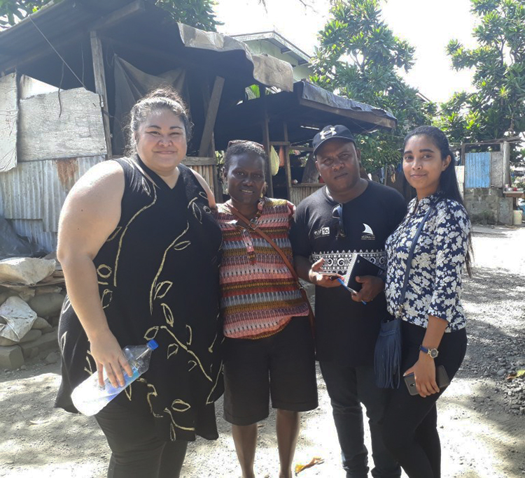 Geraldine Panapasa (from left), Rosalie Nongebatu, Ben Bilua and Romeka Kumari at Kukum Fishing Village in Honiara. Image: Wansolwara