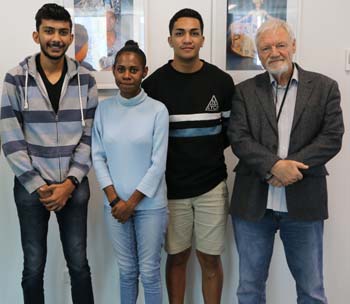 Media interns (from left) Sonal Singh, Nadia Marai and Francis Vaigalepa with Professor David Robie. Image: TJ Aumua/PMC