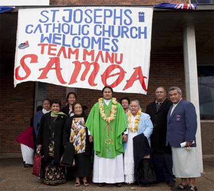 Grel Lynn's St Joseph's Church parish welcome Manu Samoa. Photo: © Karen Abplanalp / PMC 