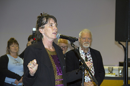 Greenpeace New Zealand's Bunny McDiarmid launching Eyes of Fire at The Cloud on Friday. Image: Del Abcede/PMC