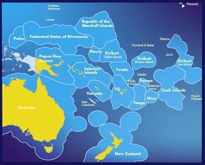 Map of P{acifiuc Islands Forum member countries and their ocean economic zones.