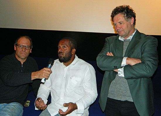 Steve Woodward, Florent Eurisouké and Jim Marbrook speaking at the public forum after the screening of Cap Bocage. Image: Del Abcede/PMC