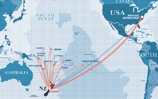 The Waihopai Asia-Pacific surveillance network. Map: New Zealand Herald