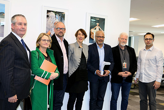 NZ Institute for Pacific Research board members David Nicholson (MFAT, from left), Elisabeth Poppelwell (MFAT), Dr Gerard Cotterell (manager, UOA), Professor Jenny Dixon (chair, UOA), Walter Fraser (AUT) and director Toeolesulusulu Associate Professor Damon Salesa (UOA) with AUT's Pacific Media Centre director professor David Robie (second from right) in the School of Communication Studies today. Image: Del Abcede/PMC  