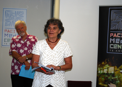 Tagaloatele Professor Peggy Fairbairn-Dunlop speaking at the book launch. PMC director Dr David Robie in the background. Photo: Del Abcede