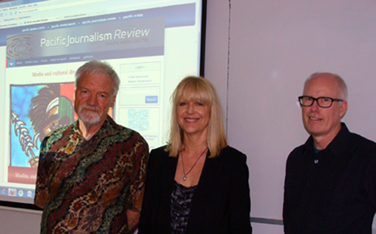 AUT's Pacific Media Centre director Professor David Robie (from left), Faculty of Design and Creative Industries dean Desna Jury and web designer Tony Murrow at today's PJR launch in Auckland. Photo: Del Abcede