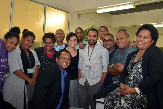 TJ with journalists at The Fiji Times. Editor Fred Wesley is second right. Image: Eliki Nukutabu/The Fiji Times