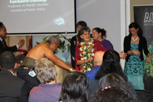 A male dancer honours Tagaloatele at the professorial address. Photo: Yvonne Brill/PMC