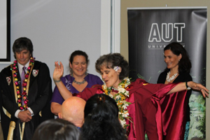 Tagaloatele, flanked by her daughters, joins in the traditional Samoan siva dance. Photo: Yvonne Brill/PMC