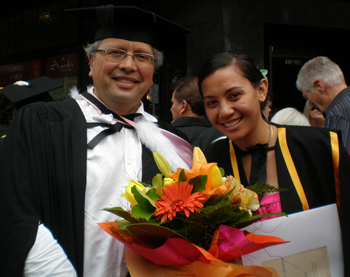 Lanuola Tusani (right) with her lecturer Richard Pamatatau at the graduation. Photo: PMC