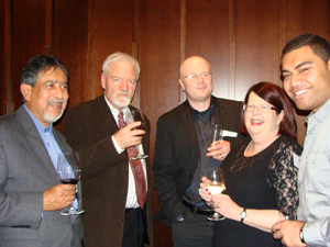 Communications Studies staff Dr David Robie, Dr Rosser Johnson and Susan O'Rourke celebrate with former students Ranjit Singh (left) and Tagata Pasifika reporter John Pulu (right). Photo: Del Abcede