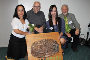 Corazon Miller with her mother Leony, father John and Storyboard donor Dr David Robie, director of the Pacific Media Centre. Photo: Yvonne Brill/PMC