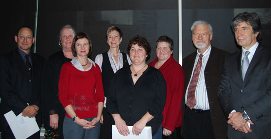 Award winners Dr Roy Nates (from left), Lexie Matheson, Dr Sharyn Graham Davies, Rouxelle De Villiers, Jeanie Benson, Monique Redmond, Dr David Robie and Vice-Chancellor Derek McCormack. Photo: Del Abcede