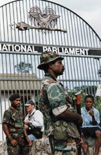 PNG soldiers on guard outside Parliament during the 1997 Sandline crisis. Photo: PMC archive