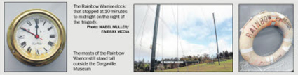 Some of the Rainbow Warrior memorabilia at the Dargaville Museum: The ship's clock (from left), the masts and a lifebouy. Image: Dargaville News