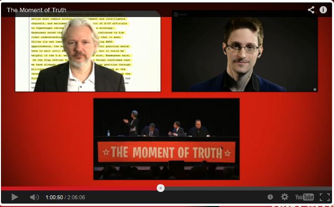 Global whistleblowers Edward Snowden and Julian Assange spoke at the meeting in Auckland, via video link. Image: kim.com