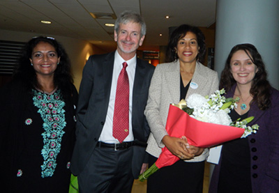 Professor Pearson with Rukhsana Aslam, PMC advisory board acting chair Dr Camille Nakhid and Anna Majavu at the UNESCO WPFD address. Image: Del Abcede/PMC