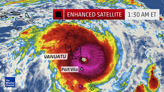 An infrared satellite map of the eye of Cyclone Pam in the Pacific today. Image: The Weather Channel