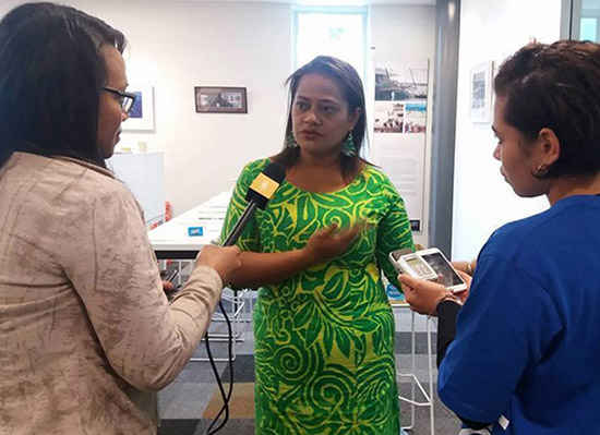 Misa Vicky Lepou being interviewed after the Pacific journalism education fono. Image: Eliki Drugunalevu