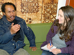 Pacific Media Watch's Anna Majavu interviewing Victor Mambor. Image: Del Abcede/PMC